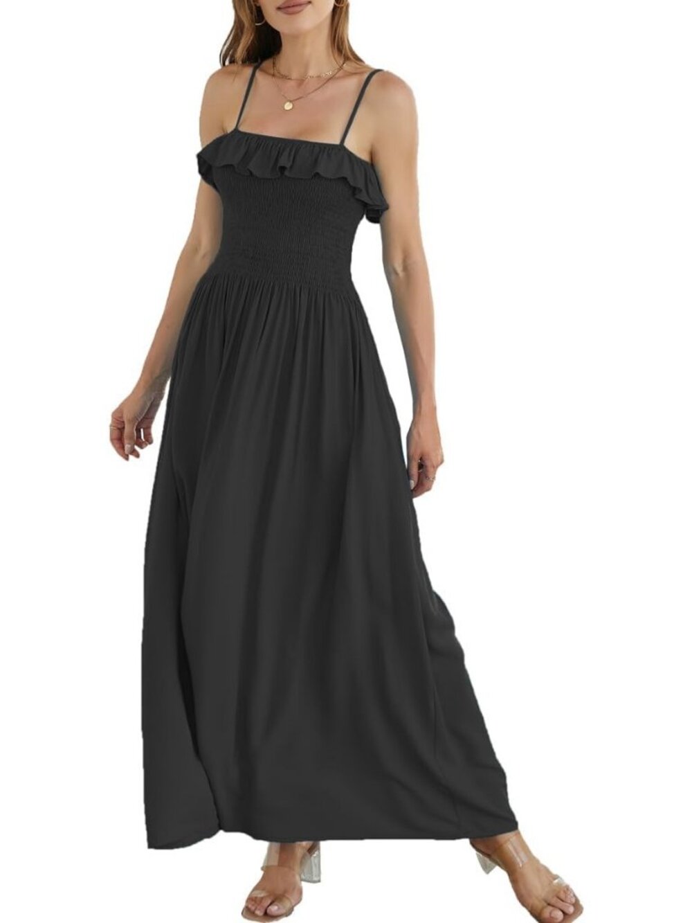 Women's Black Long Sleeveless Spaghetti Strap Smocked Beach  Boho Maxi Dress